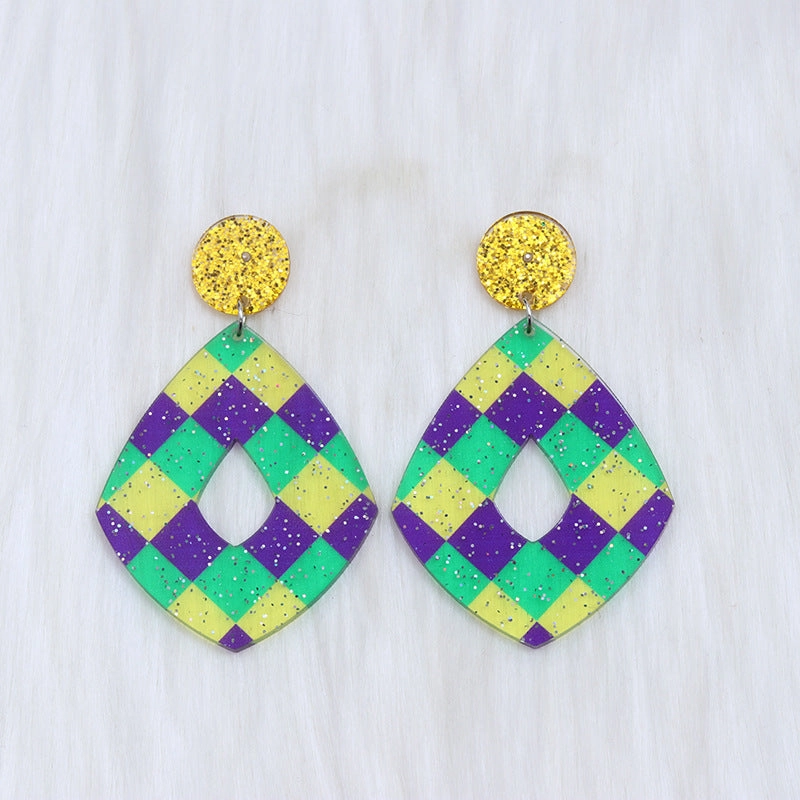 Wholesale Carnival Hollow Diamond Shaped Acrylic  Mardi Gras Earrings