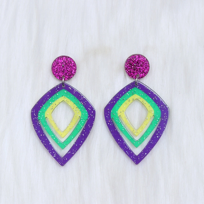 Wholesale Carnival Hollow Diamond Shaped Acrylic  Mardi Gras Earrings