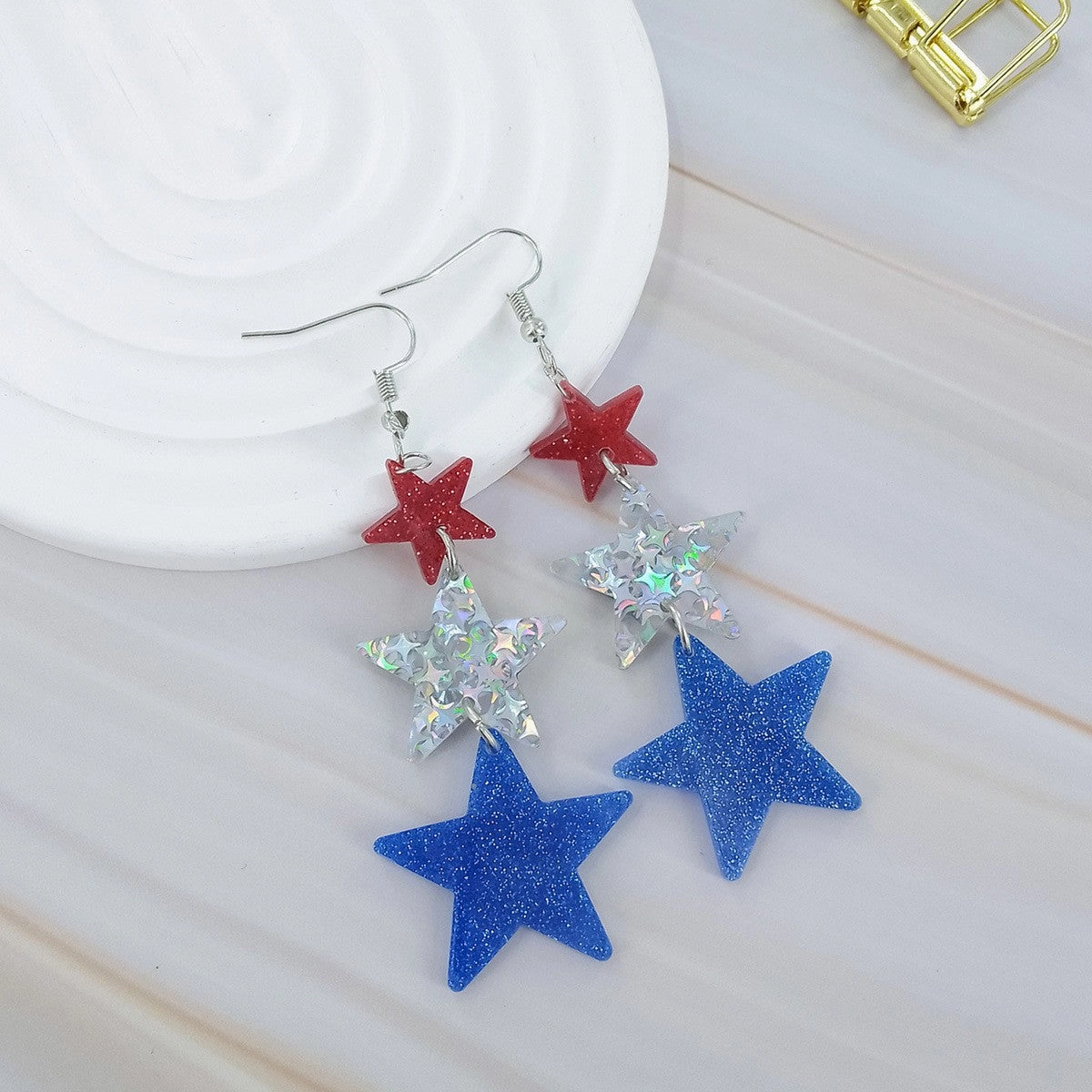 Wholesale Carnival Party Red, White and Blue Five-Pointed Star Earrings
