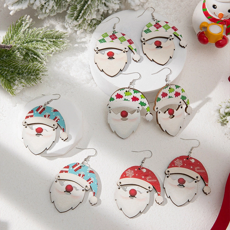Wholesale Cartoon Cute Wooden Santa Claus Christmas Earrings