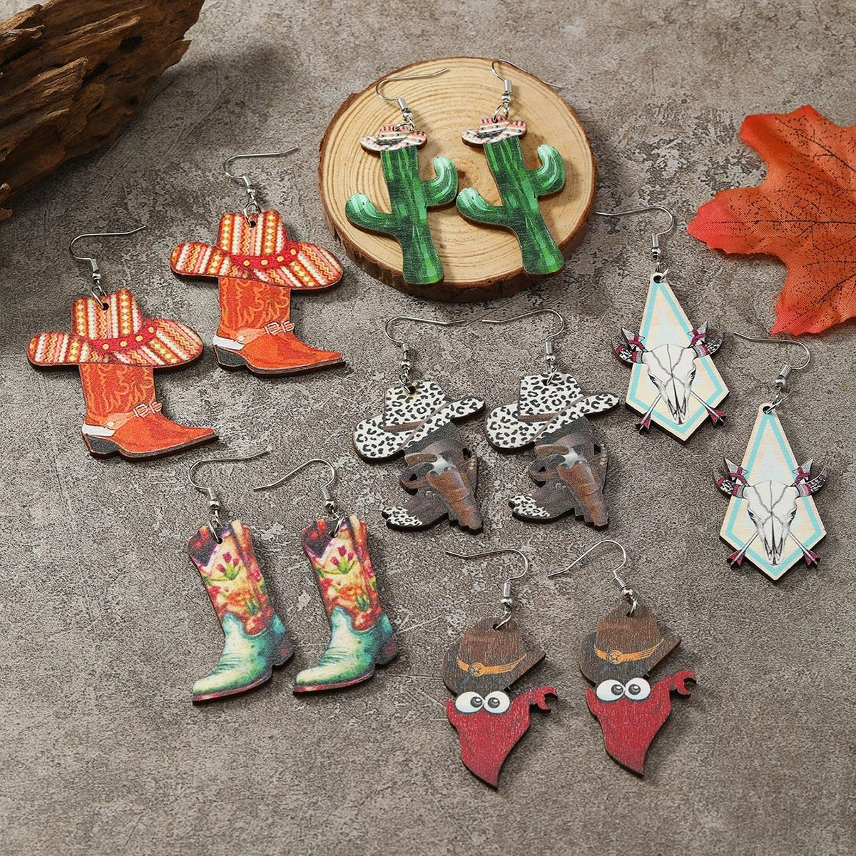 Wholesale Cartoon Sheep Head Cactus Boots Small Flame Cowboy Hat Shoes Wooden Painted Earrings