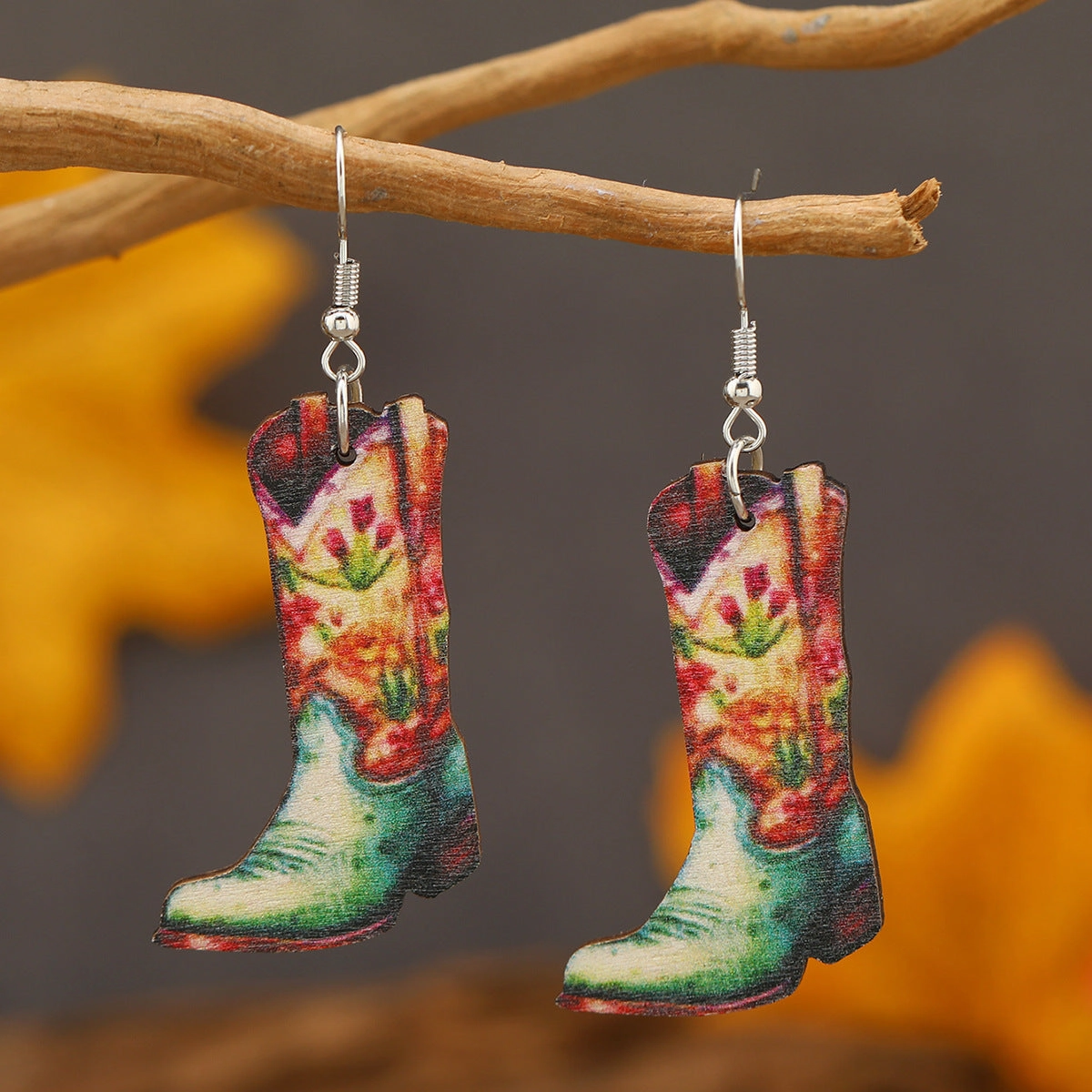 Wholesale Cartoon Sheep Head Cactus Boots Small Flame Cowboy Hat Shoes Wooden Painted Earrings