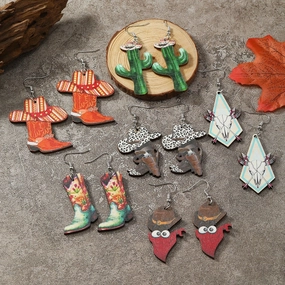 Wholesale Cartoon Sheep Head Cactus Boots Small Flame Cowboy Hat Shoes Wooden Painted Earrings