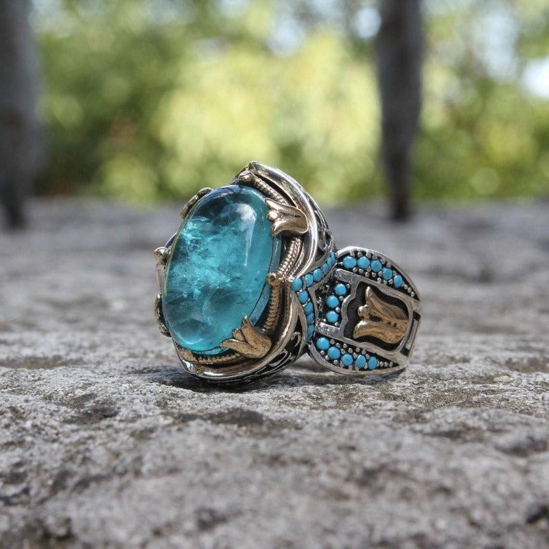 Wholesale Carved Blue Gemstone Two-tone Vintage Gemstone Wedding Rings