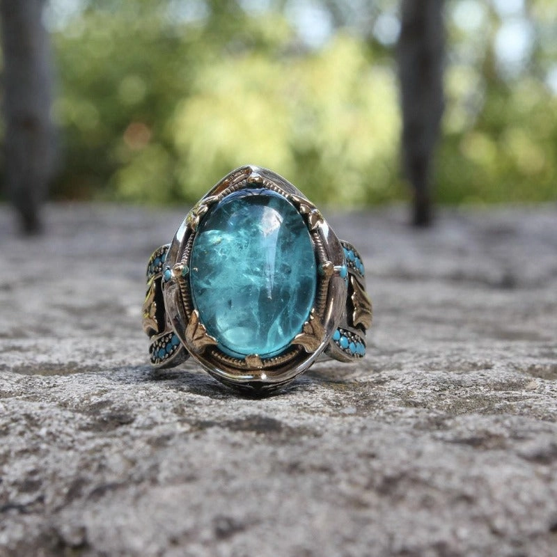 Wholesale Carved Blue Gemstone Two-tone Vintage Gemstone Wedding Rings