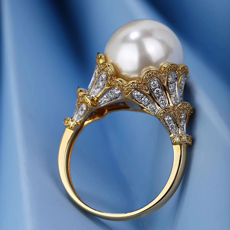 Wholesale Carved Gold Lace Lace Two-color Gold Inlaid Diamond Pearl Copper Ring