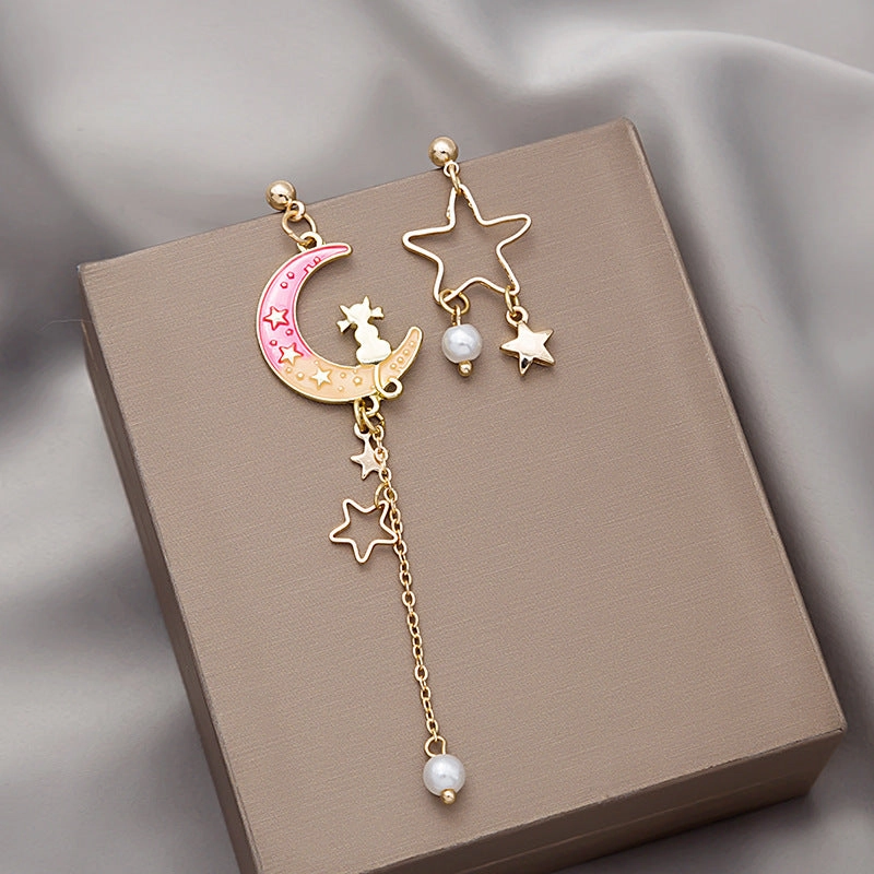 Wholesale Cat Moon Star Long Tassel Alloy Earrings