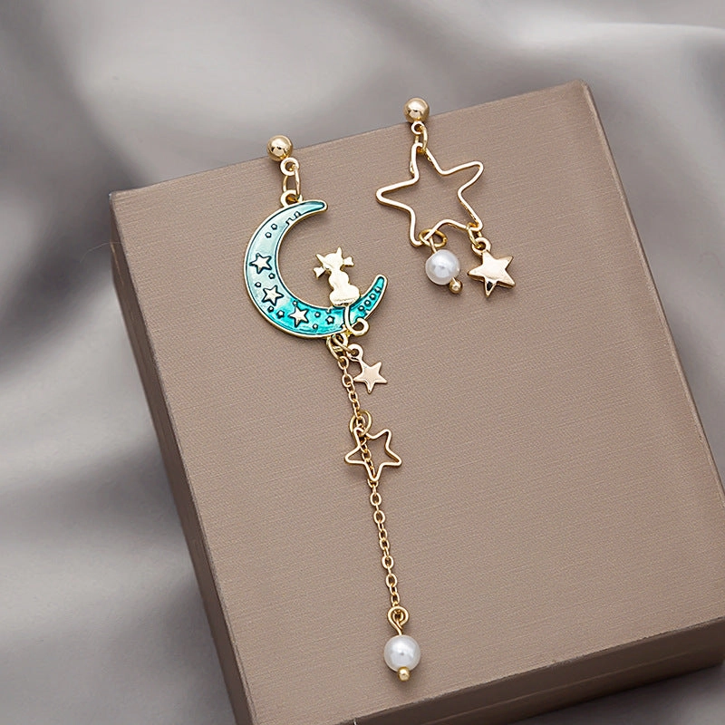 Wholesale Cat Moon Star Long Tassel Alloy Earrings