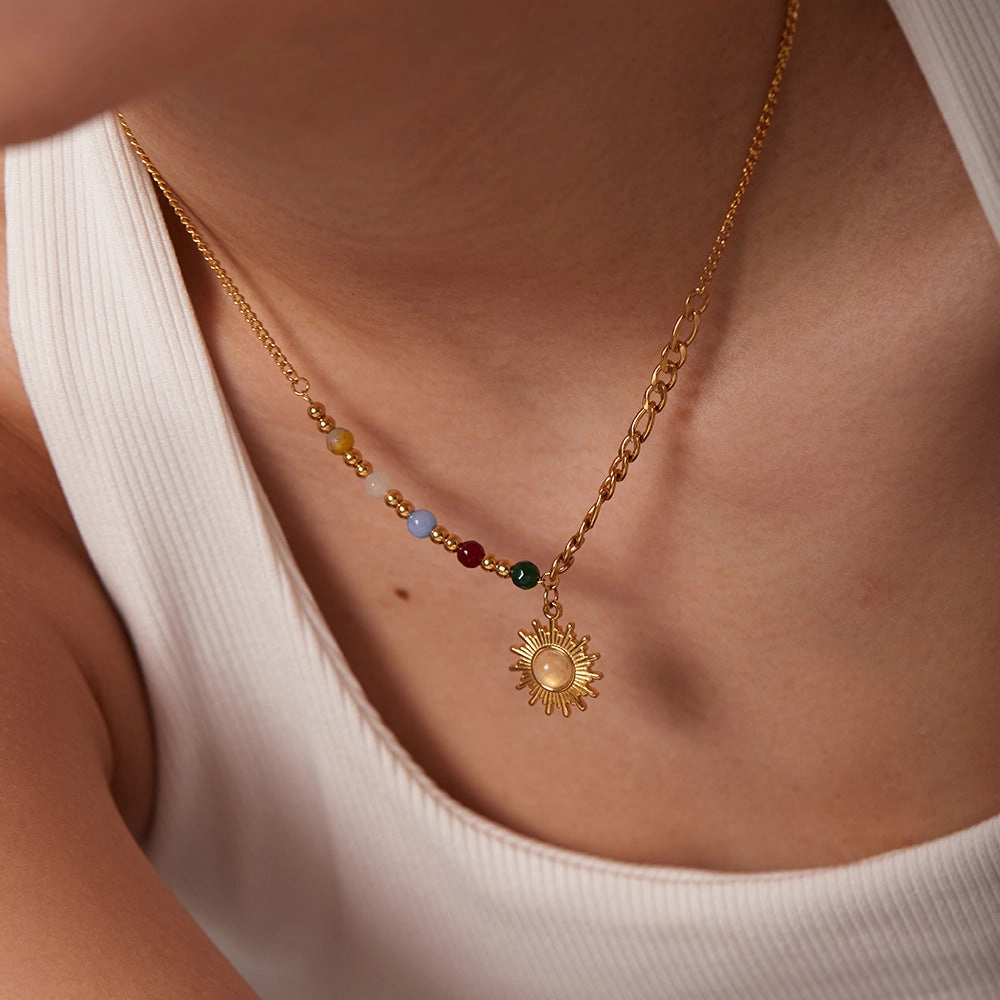 Wholesale Cat's Eye Stone Sun Color Stone Stainless Steel Necklace