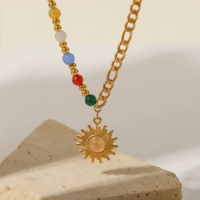 Wholesale Cat's Eye Stone Sun Color Stone Stainless Steel Necklace