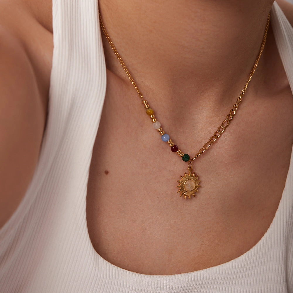 Wholesale Cat's Eye Stone Sun Color Stone Stainless Steel Necklace
