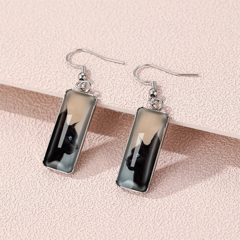 Wholesale Cat Time Gem Rectangular Glass Earrings