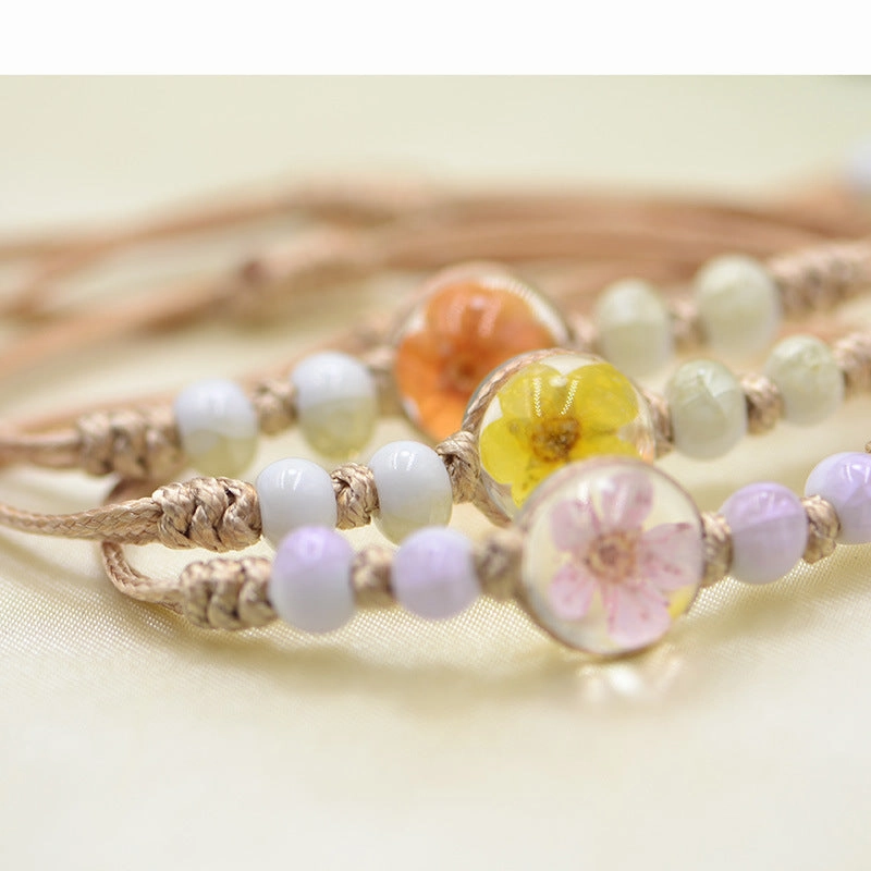 Wholesale Ceramic Glass Ball Dried Flower Plant Real Flower Woven Bracelet