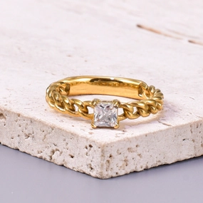 Wholesale Chain-style Square Zircon Ring Titanium Steel Plated 18K Gold Fashion Personality Ring
