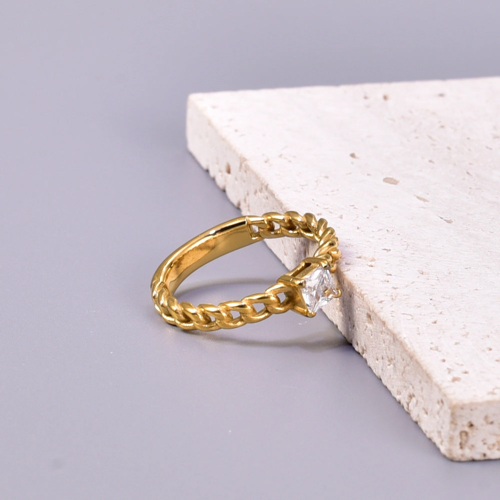 Wholesale Chain-style Square Zircon Ring Titanium Steel Plated 18K Gold Fashion Personality Ring