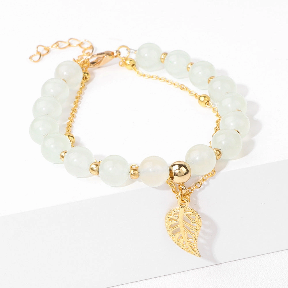 Wholesale Chalcedony Beads Leaves Pendant Alloy Double Layer Regulating Bracelet