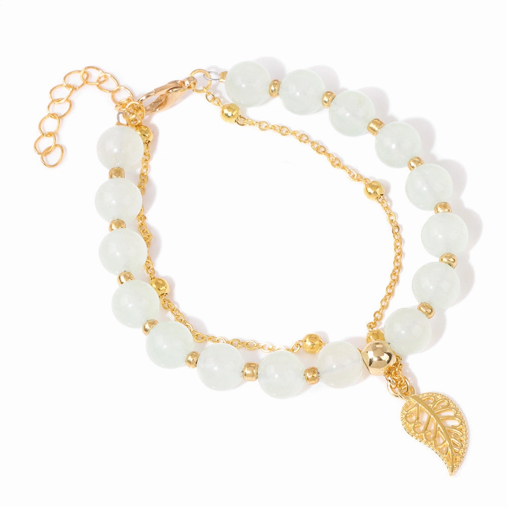 Wholesale Chalcedony Beads Leaves Pendant Alloy Double Layer Regulating Bracelet