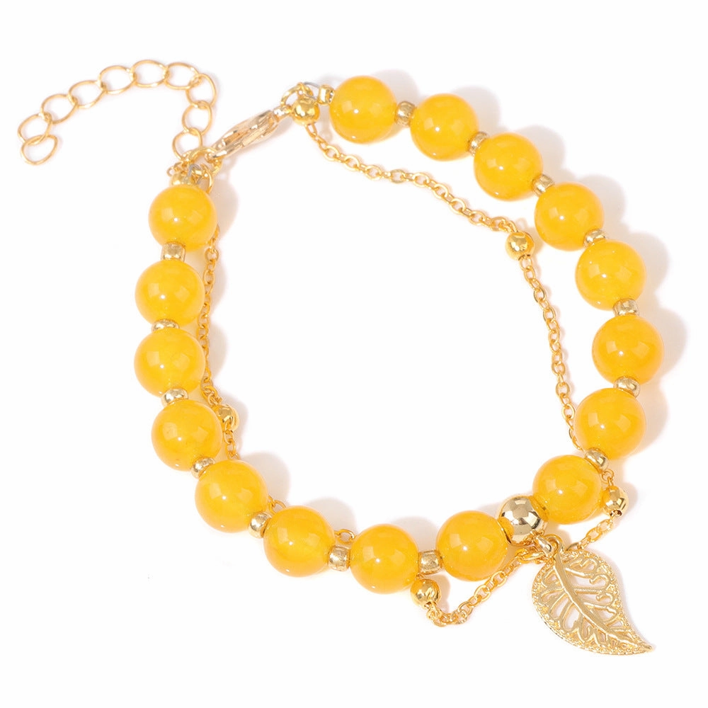 Wholesale Chalcedony Beads Leaves Pendant Alloy Double Layer Regulating Bracelet
