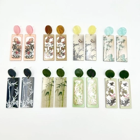 Wholesale Chinese Style Bamboo Flower Standing Print Acrylic Earrings