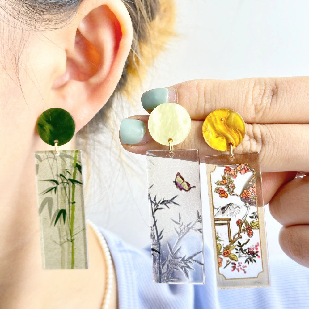 Wholesale Chinese Style Bamboo Flower Standing Print Acrylic Earrings