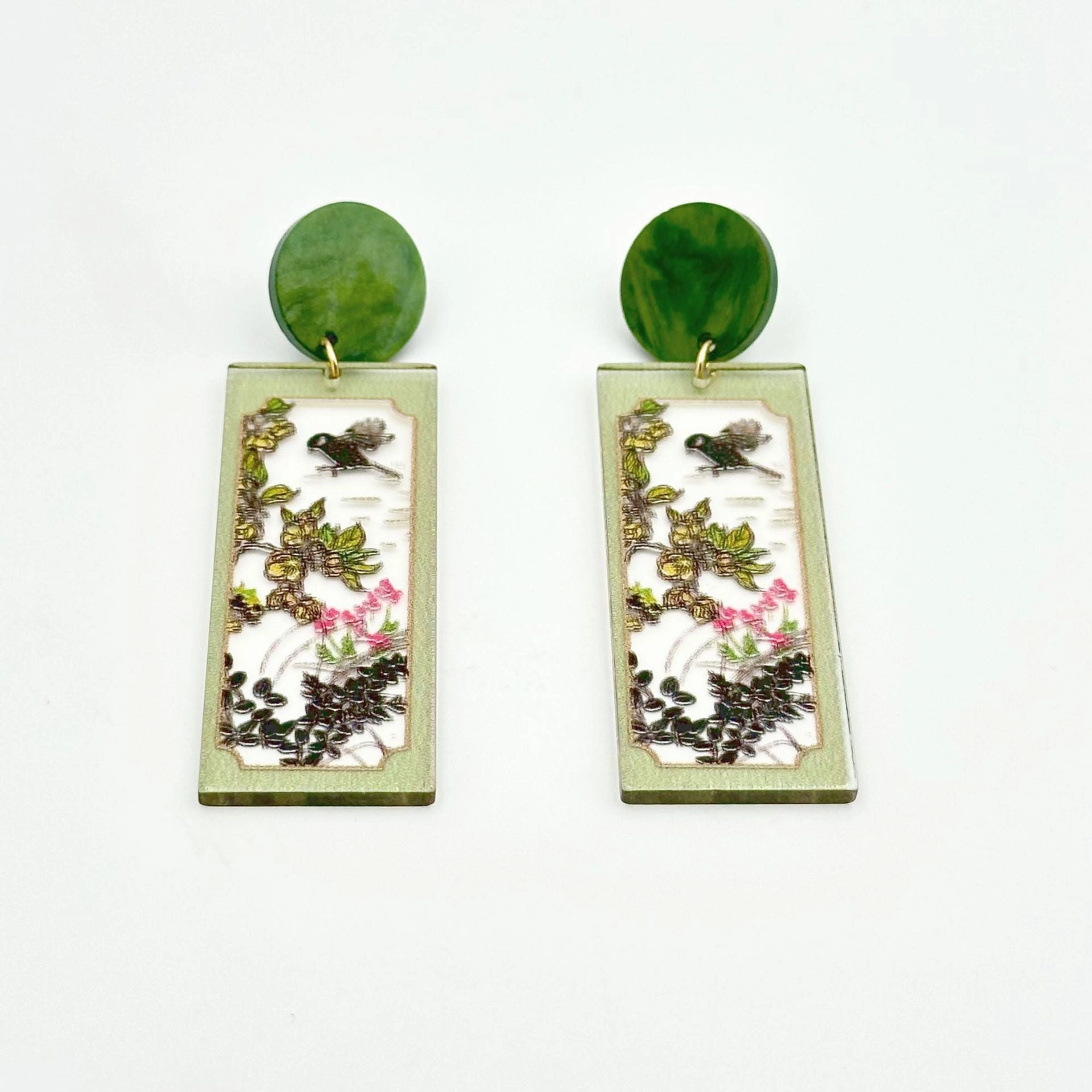 Wholesale Chinese Style Bamboo Flower Standing Print Acrylic Earrings