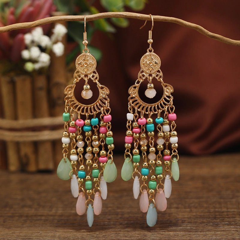 Wholesale Chinese Style Multi-layered Water Drop Rice Beads Tassel Female Creative Retro  Acrylic Earrings