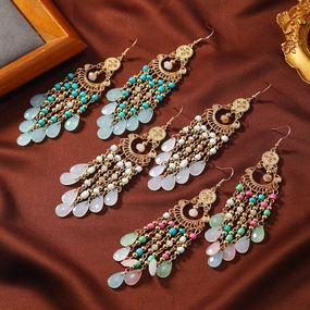 Wholesale Chinese Style Multi-layered Water Drop Rice Beads Tassel Female Creative Retro  Acrylic Earrings