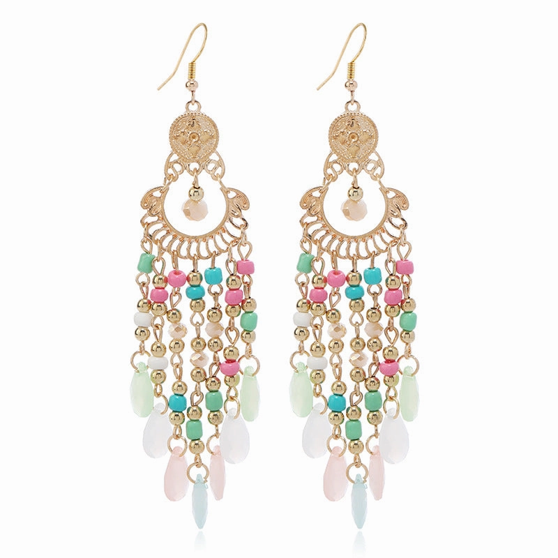 Wholesale Chinese Style Multi-layered Water Drop Rice Beads Tassel Female Creative Retro  Acrylic Earrings