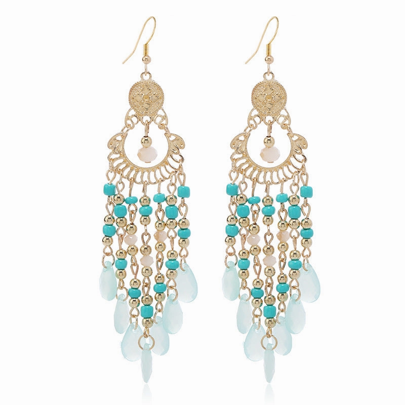 Wholesale Chinese Style Multi-layered Water Drop Rice Beads Tassel Female Creative Retro  Acrylic Earrings