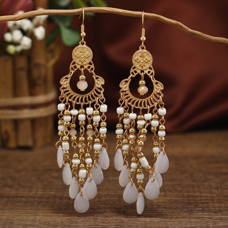 Wholesale Chinese Style Multi-layered Water Drop Rice Beads Tassel Female Creative Retro  Acrylic Earrings