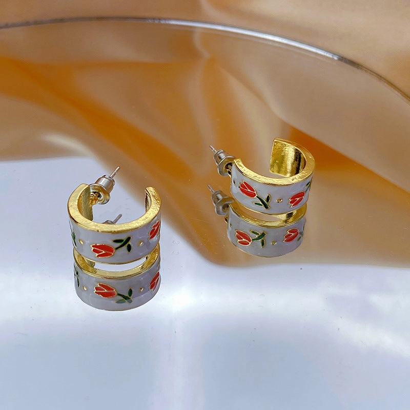 Wholesale Chinoiserie Enamel Tulip Alloy Earrings