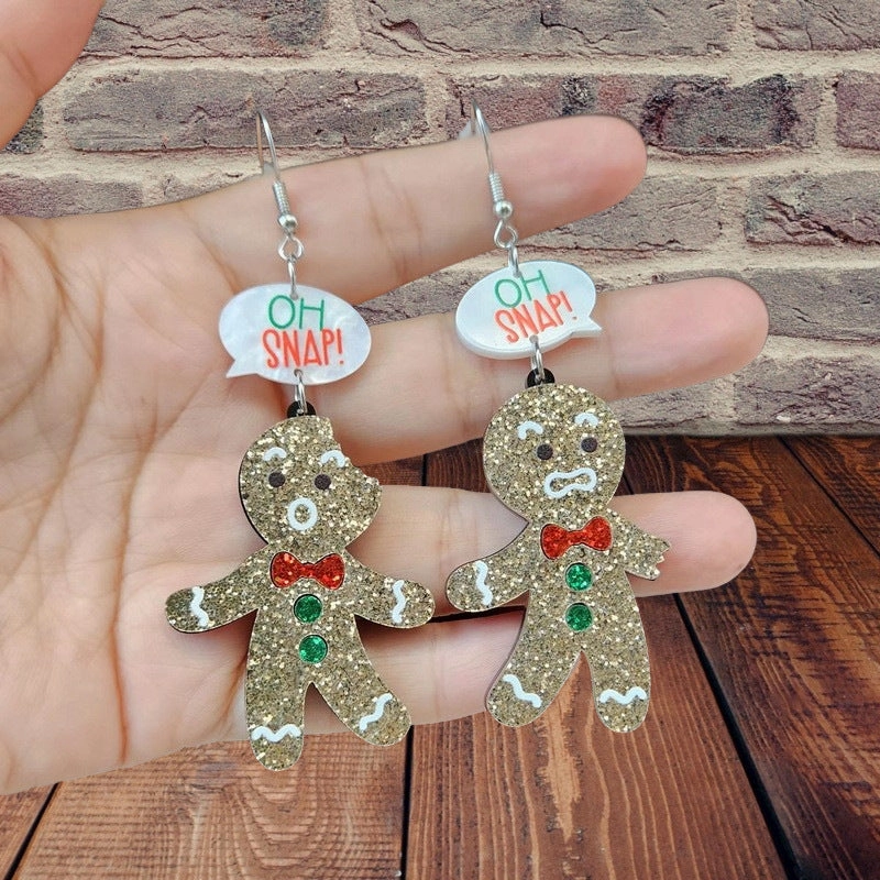 Wholesale Christmas Acrylic Bitten Off Conversation Glitter Gingerbread Man Earrings