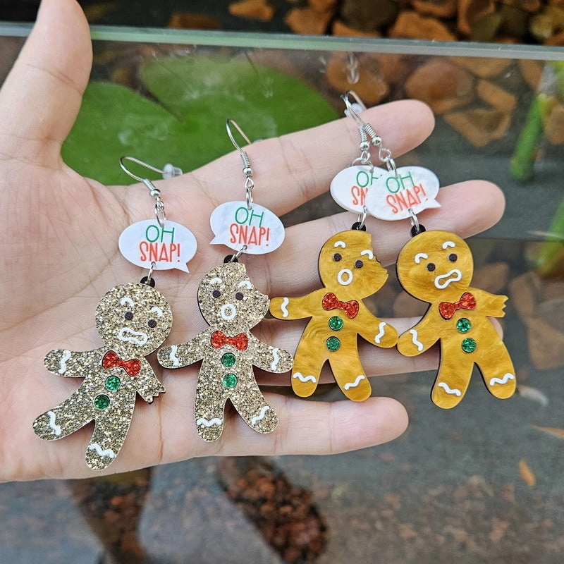 Wholesale Christmas Acrylic Bitten Off Conversation Glitter Gingerbread Man Earrings