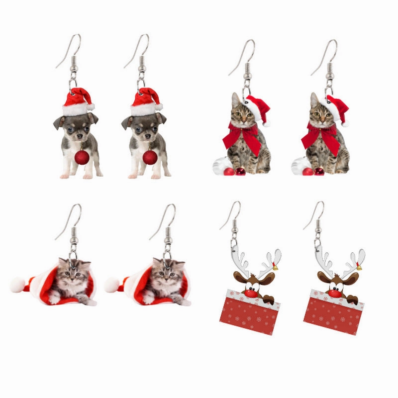 Wholesale Christmas Acrylic Earrings Santa Claus Chihuahua Kitten Elk Earrings