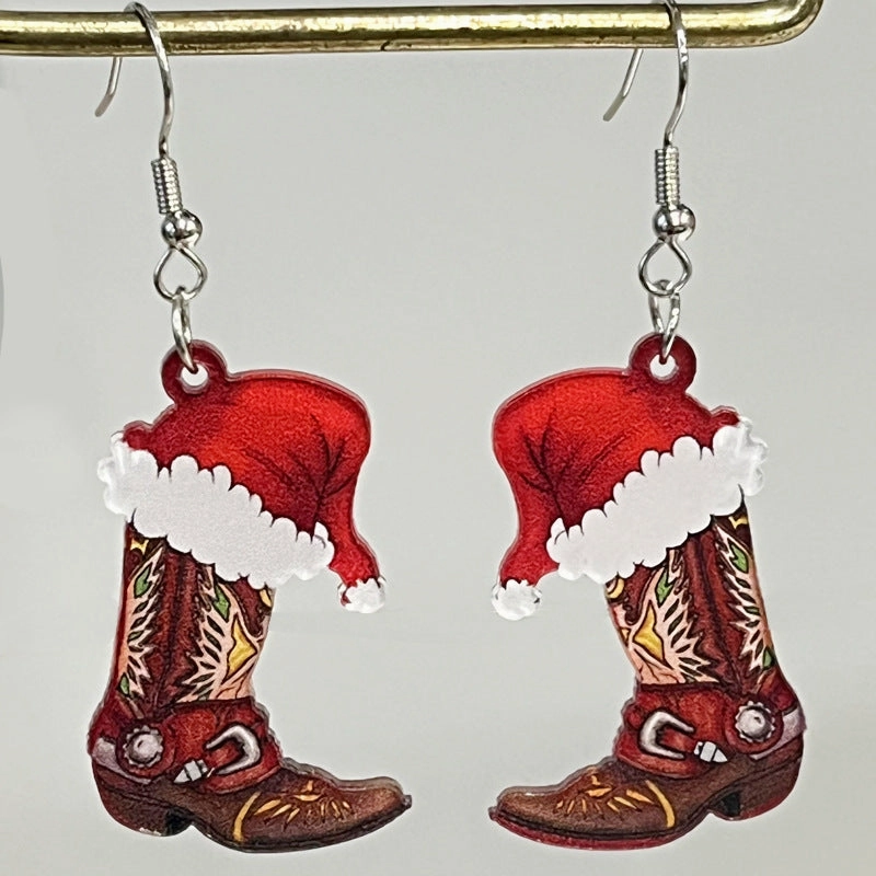 Wholesale Christmas Acrylic Red Wine Beer Party Santa Hat Lightning Boots Earrings