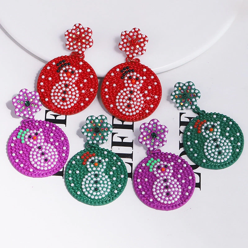 Wholesale Christmas Alloy Diamond Inlaid Rice Bead Christmas Snowflake Round Earrings