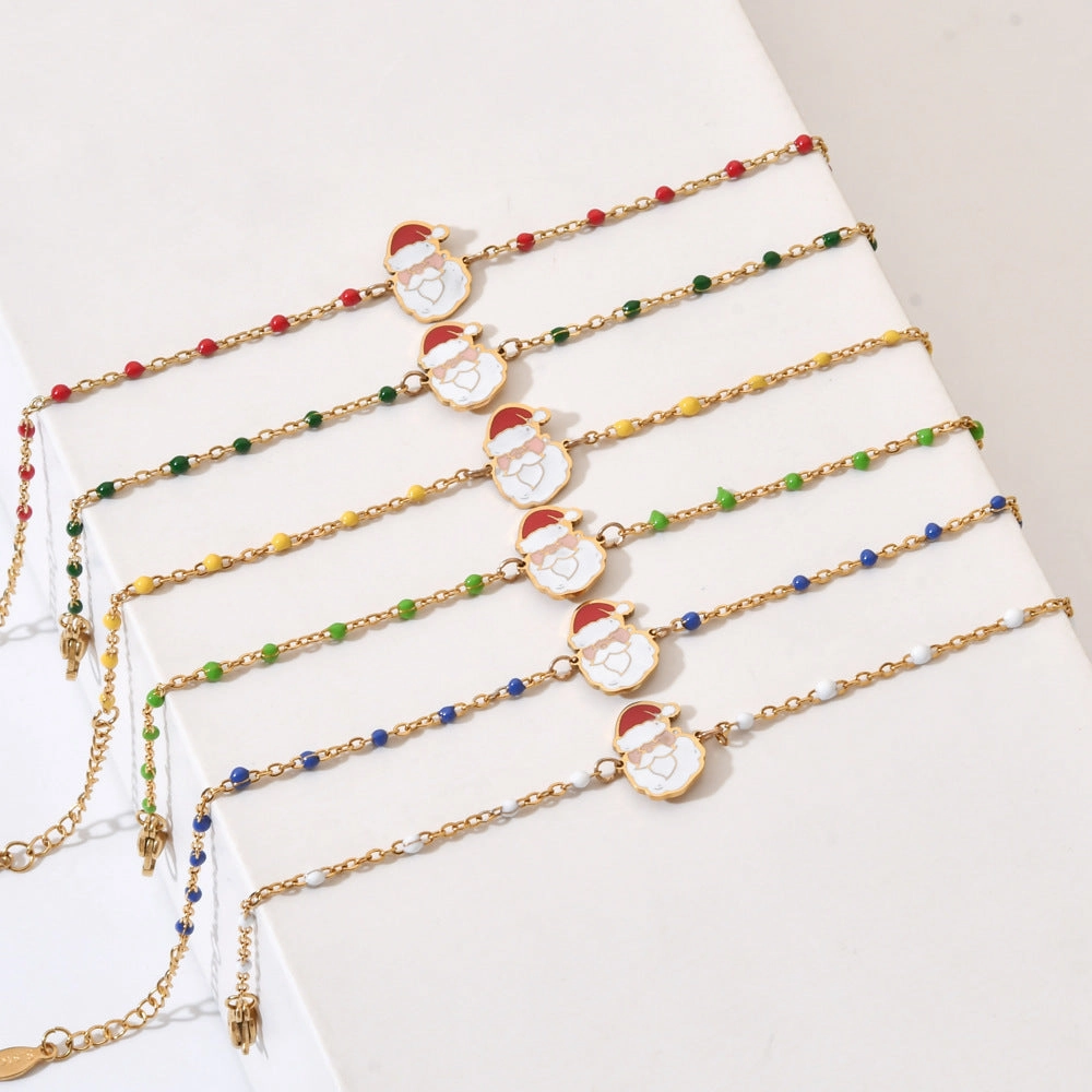 Wholesale Christmas Alloy Drip Oil Santa Claus Stainless Steel Rice Bead Bracelet