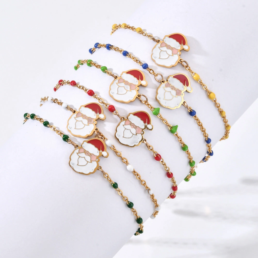 Wholesale Christmas Alloy Drip Oil Santa Claus Stainless Steel Rice Bead Bracelet