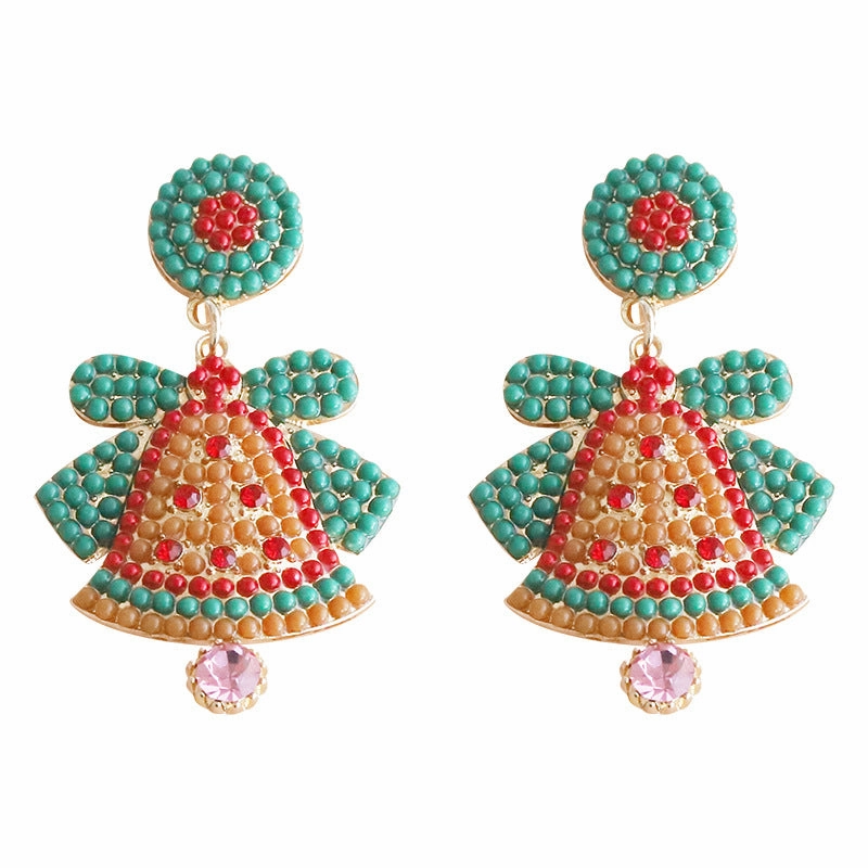 Wholesale Christmas Alloy Rice Beads Diamond Bell Earrings