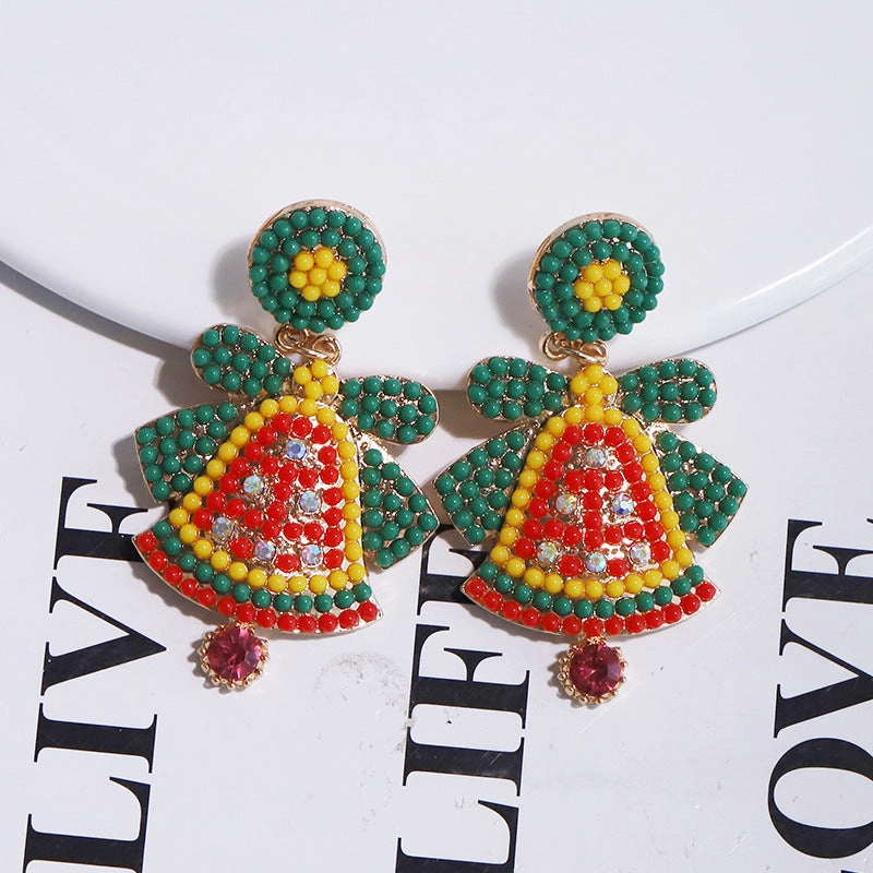 Wholesale Christmas Alloy Rice Beads Diamond Bell Earrings