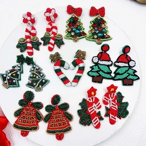 Wholesale Christmas Bells Candy Canes Sweet and Cute Rice Beads Hand-woven Earrings