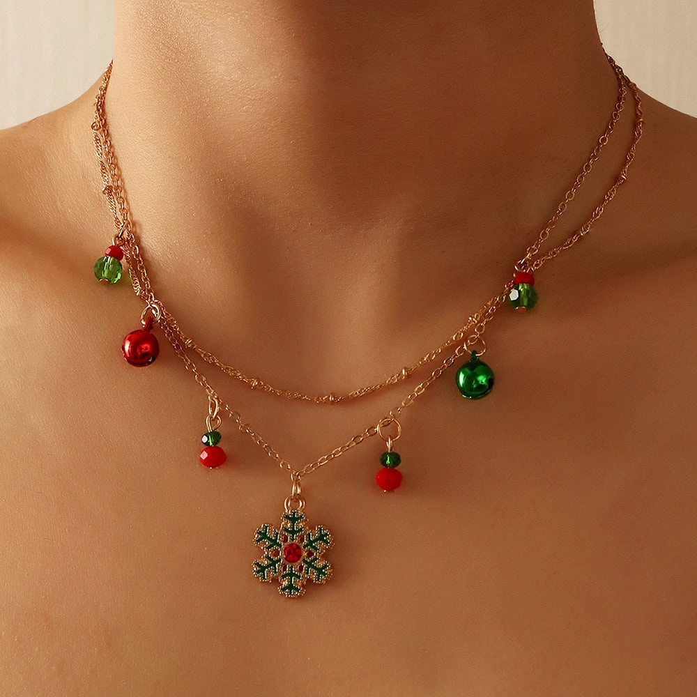 Wholesale Christmas Bells Snowflake Double Layer Necklace Clavicle Chain