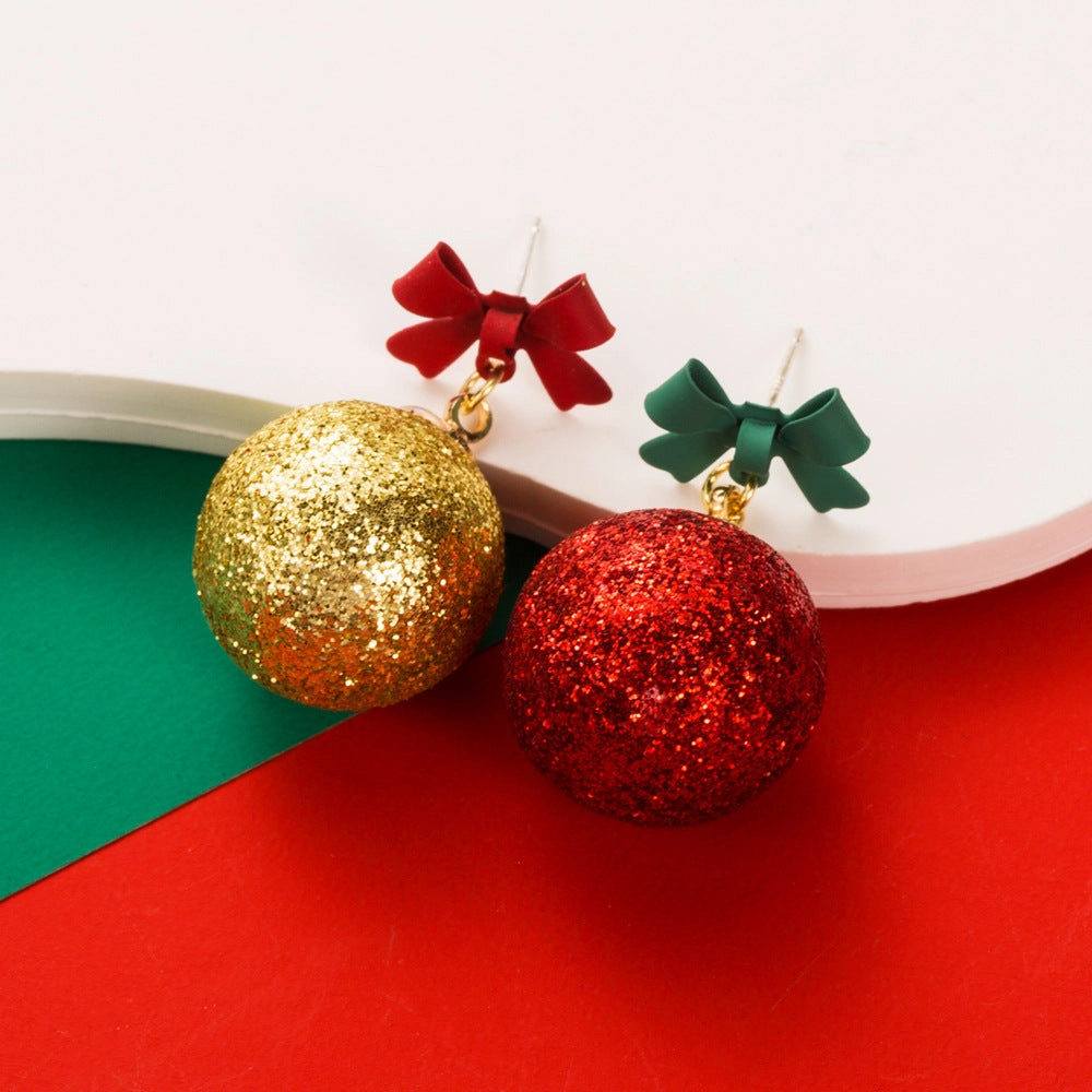 Wholesale Christmas Bow Ball Sparkling Powder Asymmetric Alloy Earrings