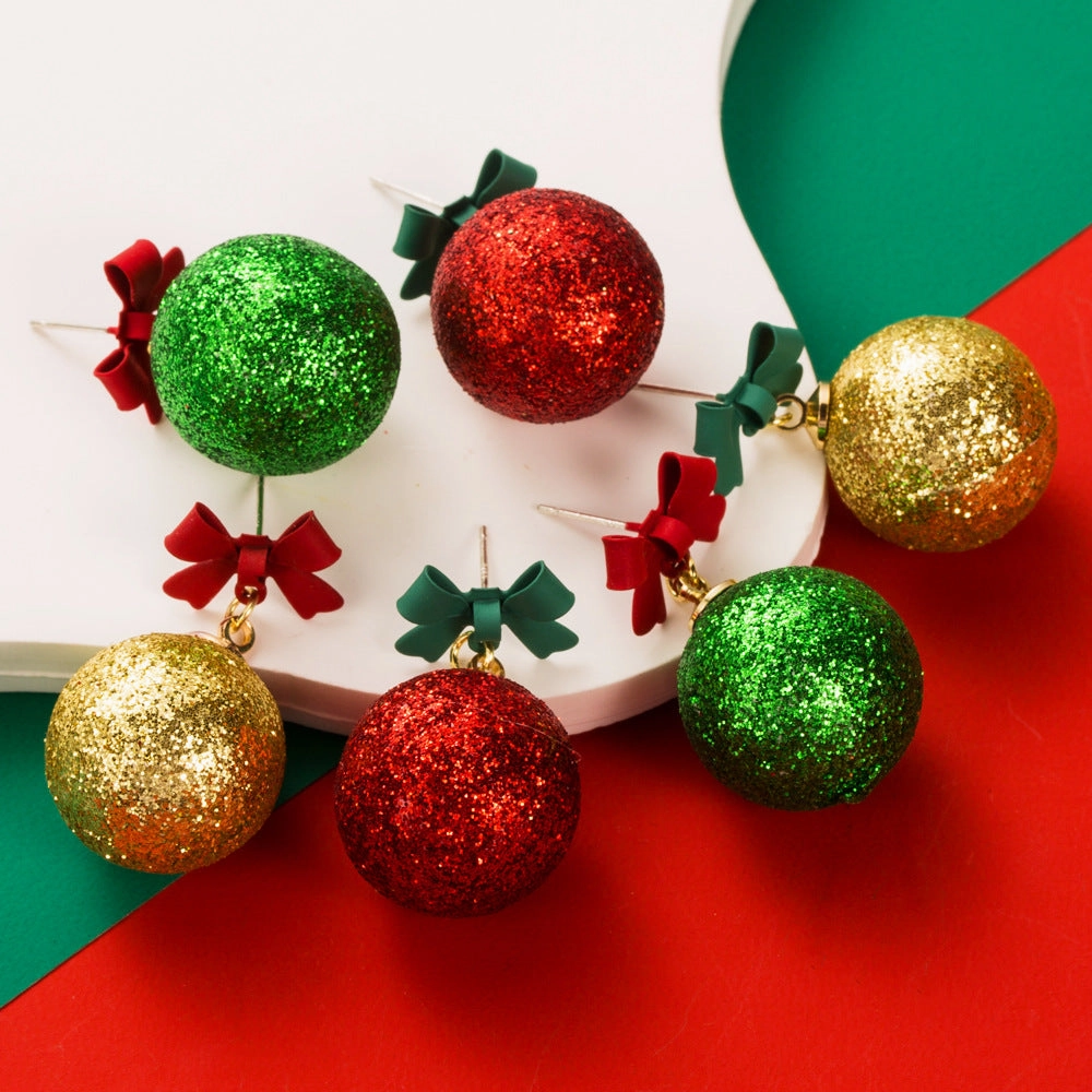 Wholesale Christmas Bow Ball Sparkling Powder Asymmetric Alloy Earrings