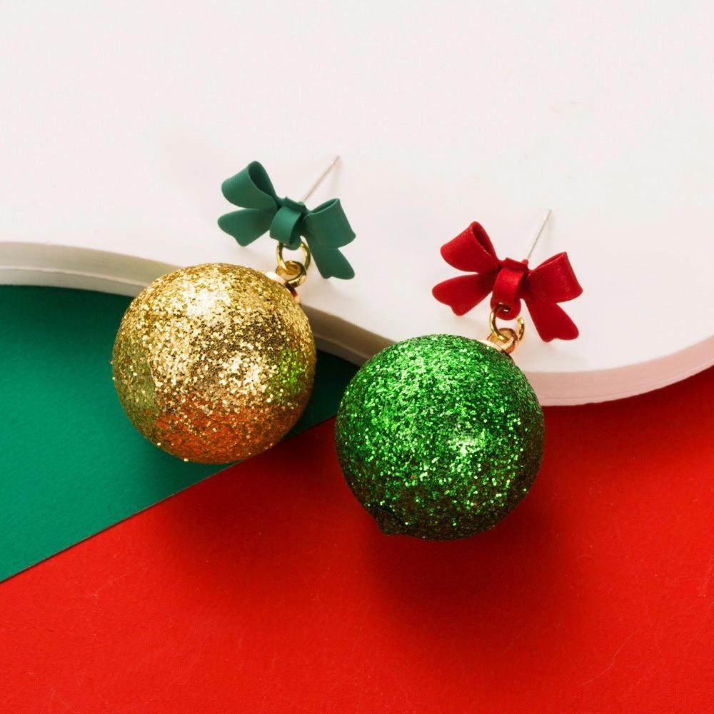 Wholesale Christmas Bow Ball Sparkling Powder Asymmetric Alloy Earrings