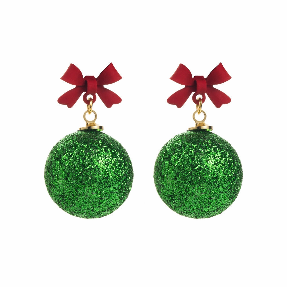 Wholesale Christmas Bow Ball Sparkling Powder Asymmetric Alloy Earrings