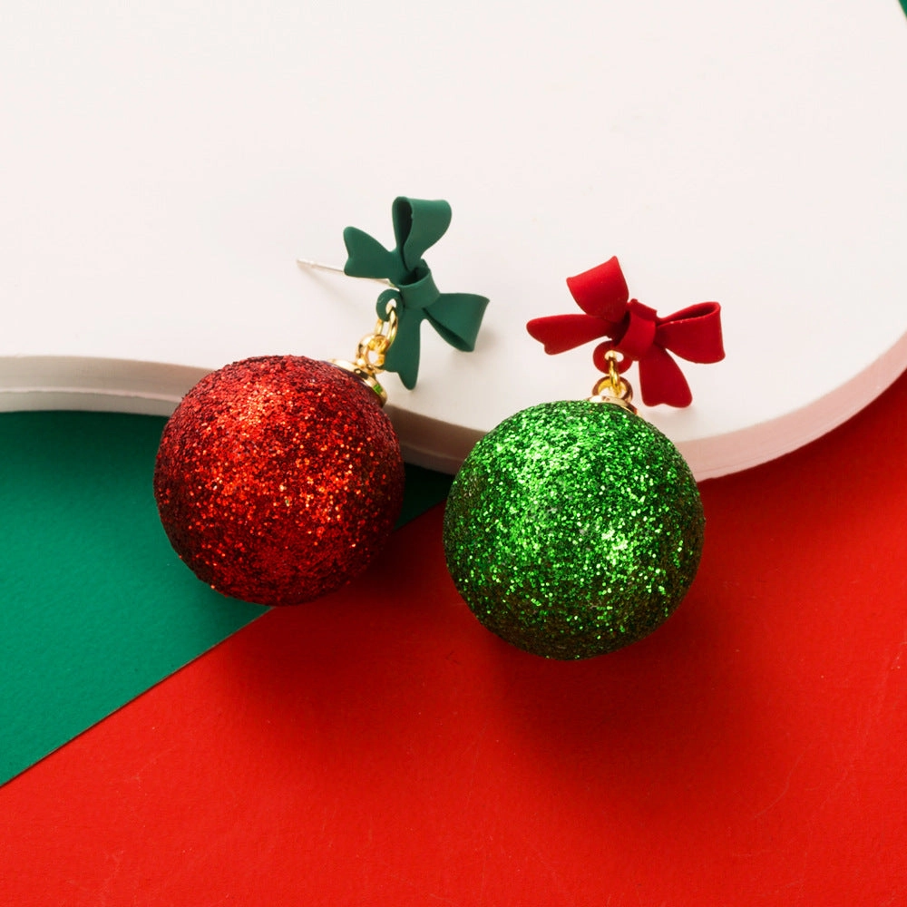 Wholesale Christmas Bow Ball Sparkling Powder Asymmetric Alloy Earrings