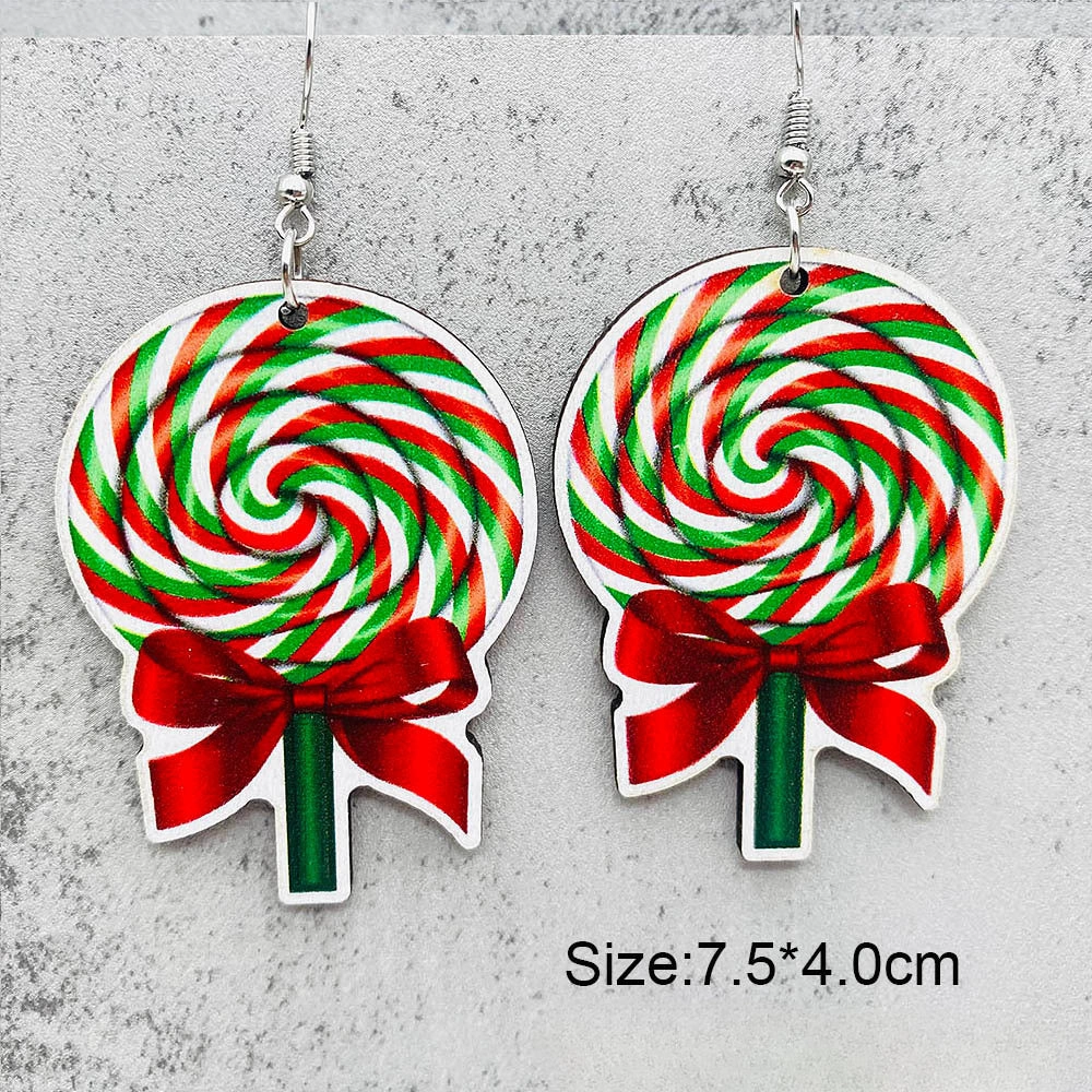 Wholesale Christmas Candy Cane Cane Wooden Earrings