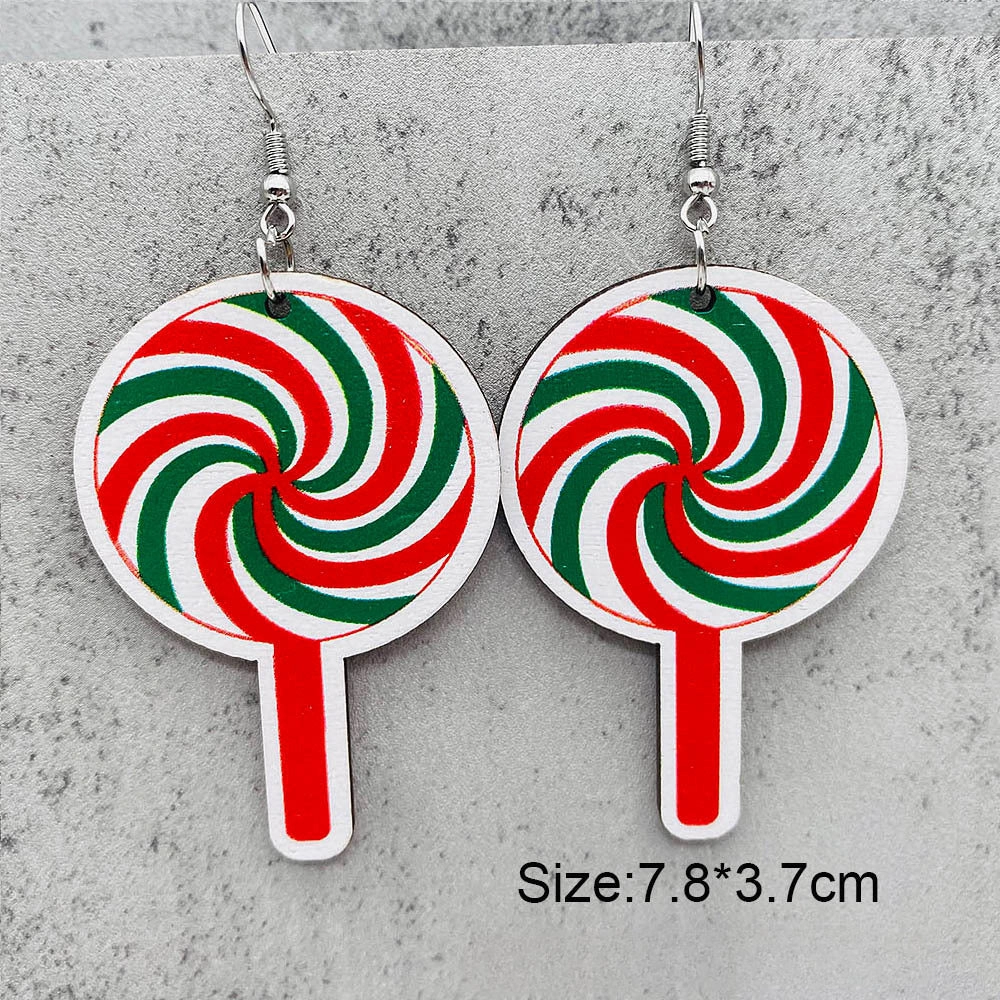 Wholesale Christmas Candy Cane Cane Wooden Earrings