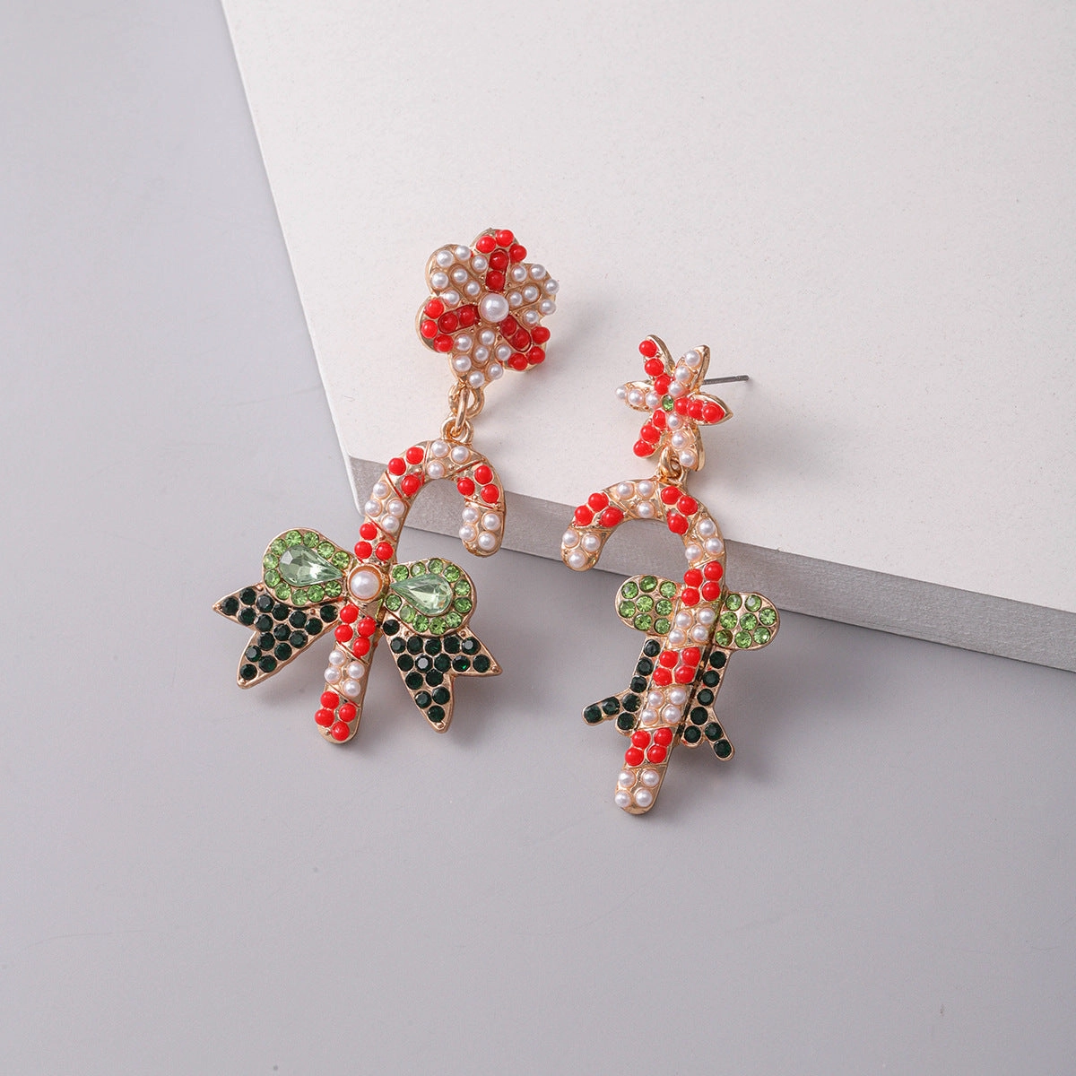 Wholesale Christmas Cane Bow Pearl Rice Bead Earrings